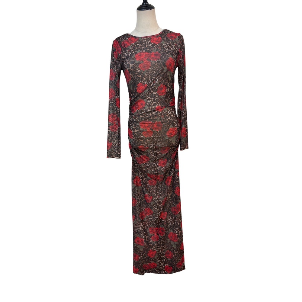 Sheer Mesh Maxi Dress Leopard Rose Print Ruched Bodycon L whimsigoth Party Club